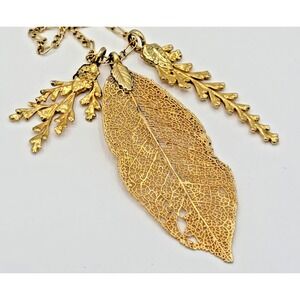 Vintage Spring Leaf Fern Gold Toned Electroplated Botanical Long Necklace Korea